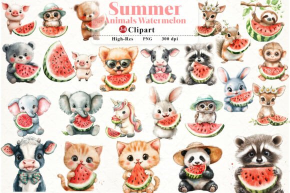 Download Summer Animals Enjoy Watermelon Clipart - Premium Bundle